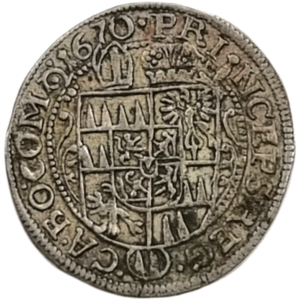 3 Krejcar 1670 Karel II. Liechtenstein, Arcibiskupství Olomouc