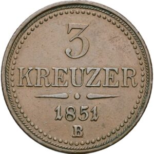 Cu- 3Krejcar 1851 B, František Josef I.