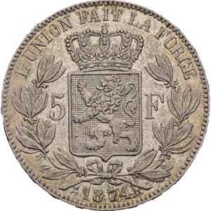 5 Frank 1874, Leopold II. Belgie