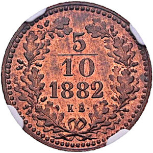5/10 Krejcar 1882 K.B., Kremnica, NGC MS 63 RB
